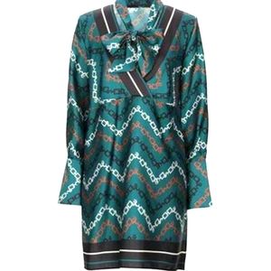 AnnaRita N Italy Satin Green Chain Printed Bow Tie Shirt Dress NWT Size 46 M